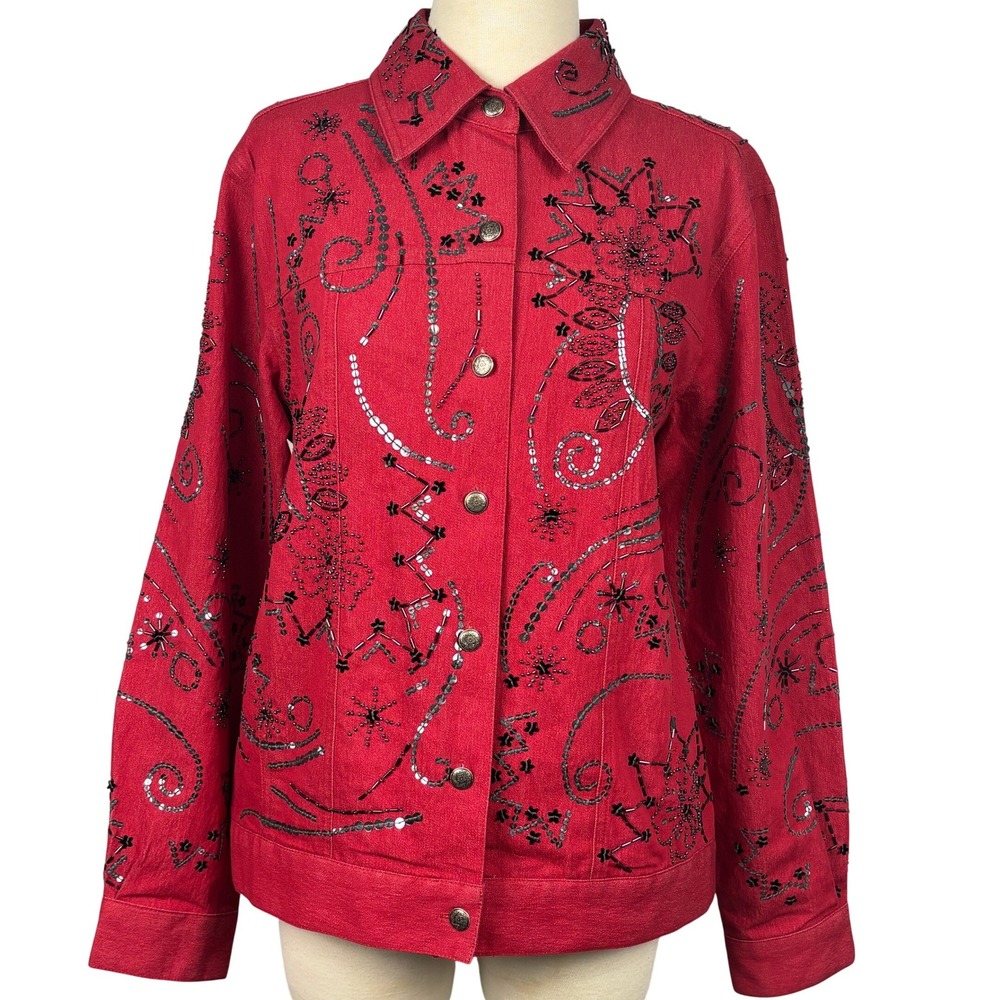 Victor Costa Occasion Red Beaded Sequin Jacket Small Floral Statement